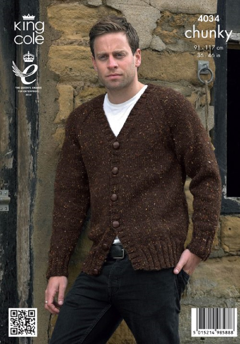 King Cole 4034 Knitting Pattern Mans Sweater and Cardigan in Chunky Tweed 