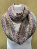 Multicolor knitted infinity scarf in garter stitch, using Stylecraft Charm yarn