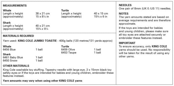 King Cole Jumbo Toastie Pattern - 9215 Whale, Shark and Turtle